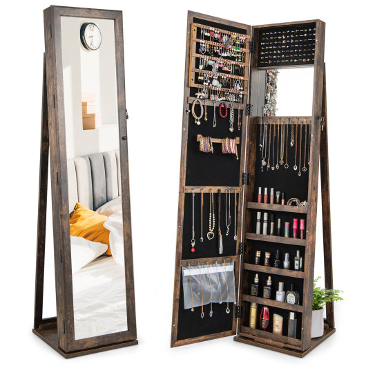 Standing Lockable Jewelry Storage Organizer with Full-Length Mirror-Brown