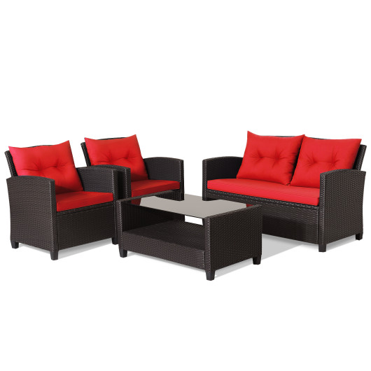 4 Pieces Patio Rattan Furniture Set with Tempered Glass Coffee Table-Red