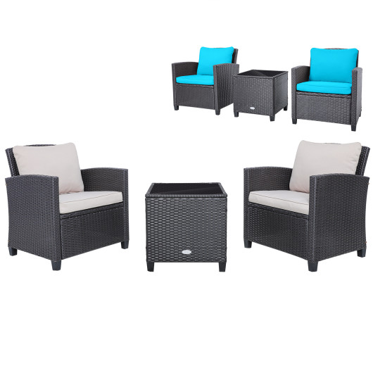 3 Pieces Rattan Patio Furniture Set with Washable Cushion-Beige & Turquoise