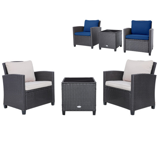 3 Pieces Rattan Patio Furniture Set with Washable Cushion-Dark Blue