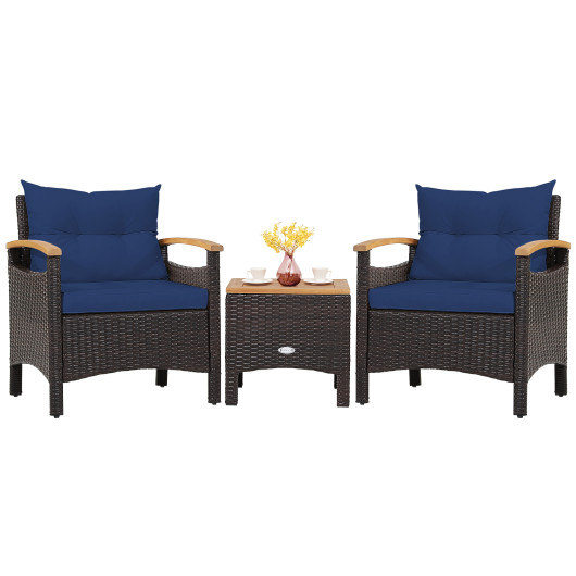 3 Pieces Patio Rattan Furniture Set with Removable Cushion-Navy