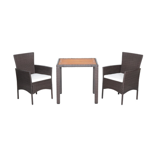 3 Pieces Patio Wicker Furniture Set wih Acacia Wood Table Top and Chair Cushiones