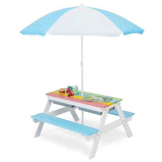 3-in-1 Kids Outdoor Picnic Water Sand Table with Umbrella Play Boxes-Blue