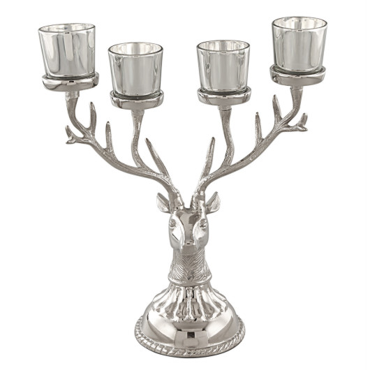Reindeer Candle Holder Christmas Ornament for 4 Candles Aluminum Decoration-Silver