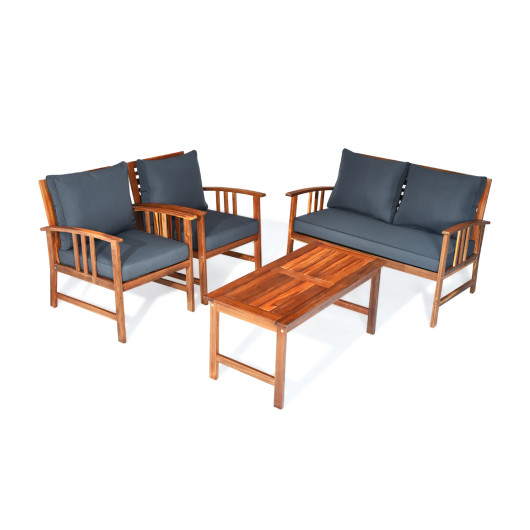 4 Pcs Wooden Patio Furniture Set Table Sofa Chair Cushioned Garden