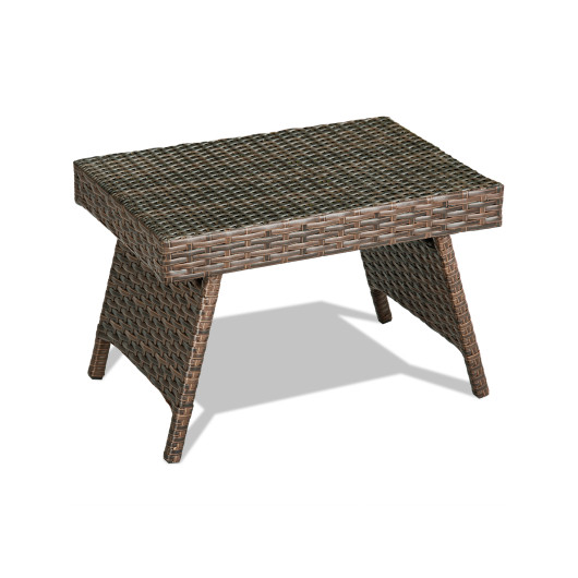 Folding PE Rattan Side Coffee Table Patio Garden Furniture-Brown