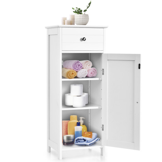 Wooden Storage Free-Standing Floor Cabinet with Drawer and Shelf-White