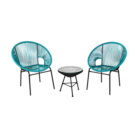3PCS Patio Acapulco Furniture Bistro Set with Glass Table-Turquoise