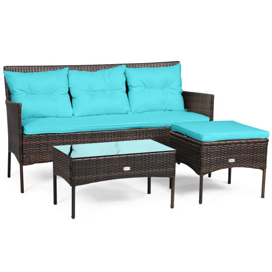 3 Pieces Patio Furniture Sectional Set with 5 Cozy Seat and Back Cushions-Turquoise
