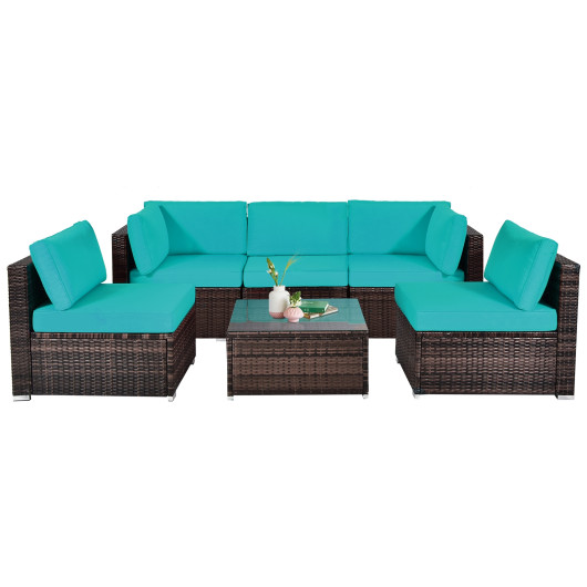6 Pieces Patio Rattan Furniture Set with Cushions and Glass Coffee Table-Turquoise