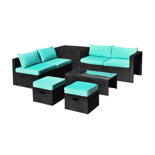 8 Pieces Patio Rattan Storage Table Furniture Set-Turquoise