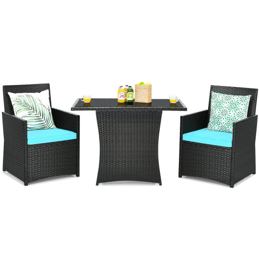 3 Pieces Patio Rattan Furniture Set with Cushion and Sofa Armrest-Turquoise