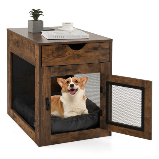 Furniture Style Dog Kennel with Drawer and Removable Dog Bed-Coffee