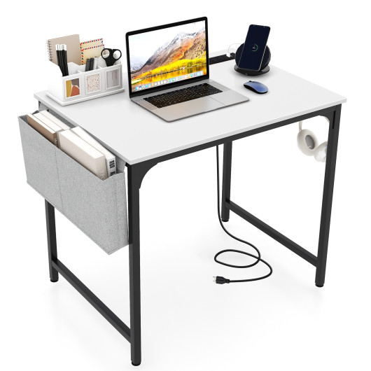 32 Inch Computer Desk Small Home Office Desk with Charging Station-White