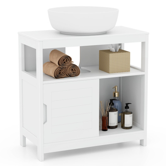 Pedestal Sink Storage Cabinet with 2 Sliding Doors and U-shaped Cut-out-White