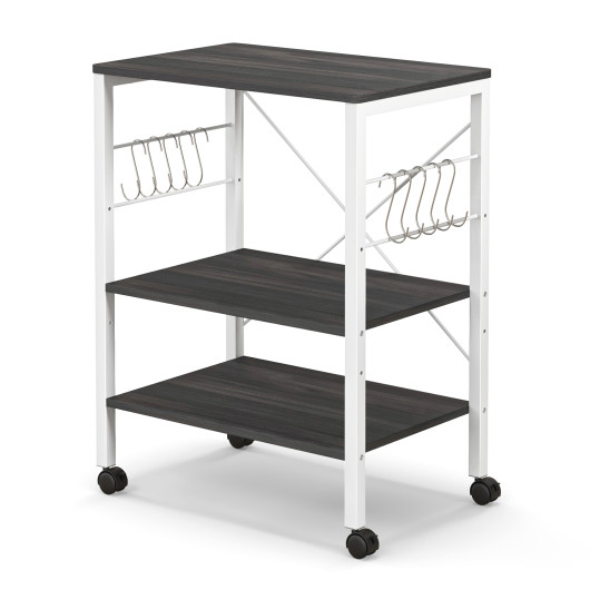 3-Tier Kitchen Baker's Rack Microwave Oven Storage Cart with Hooks-Deep Brown