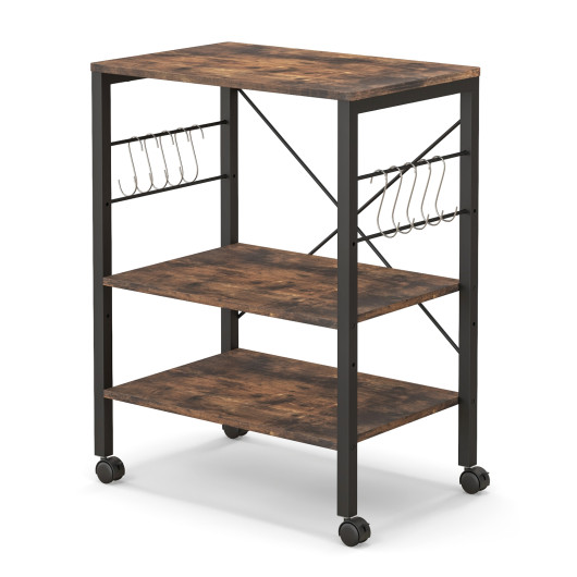3-Tier Kitchen Baker's Rack Microwave Oven Storage Cart with Hooks-Rustic Brown