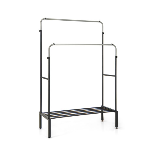 Double Rod Clothes Garment Rack with Adjustable Heights-Silver