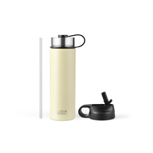 22 Oz Double-walled Insulated Stainless Steel Water Bottle with 2 Lids and Straw-Beige