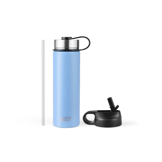 22 Oz Double-walled Insulated Stainless Steel Water Bottle with 2 Lids and Straw-Blue