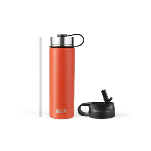 22 Oz Double-walled Insulated Stainless Steel Water Bottle with 2 Lids and Straw-Orange