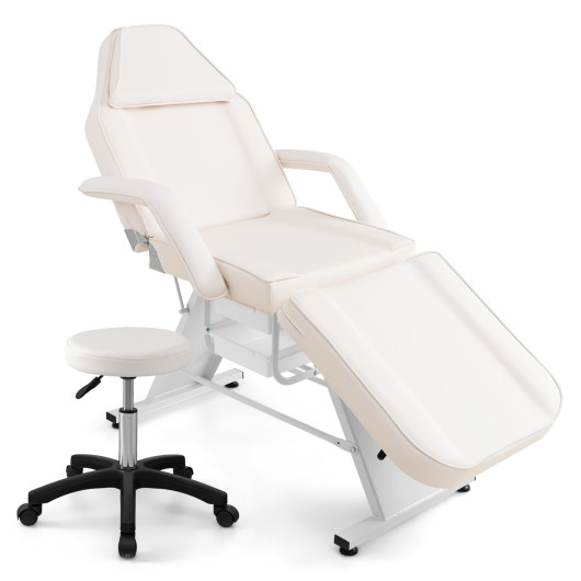 72" Massage Bed with Hydraulic Stool, Removable Headrest and Storage Boxes-White