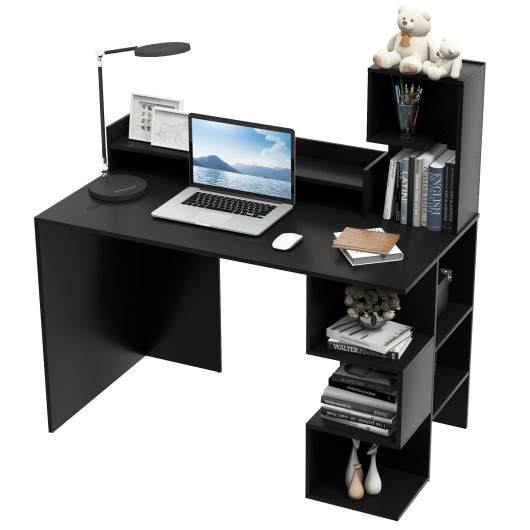 Modern Computer Desk with Storage Bookshelf and Hutch for Home Office-Black