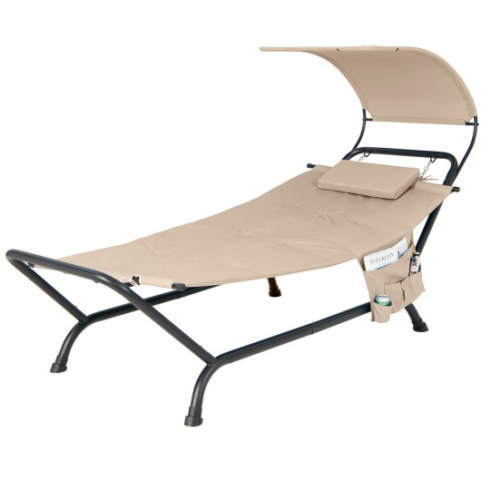 Patio Hanging Chaise Lounge Chair with Canopy Cushion Pillow and Storage Bag-Beige