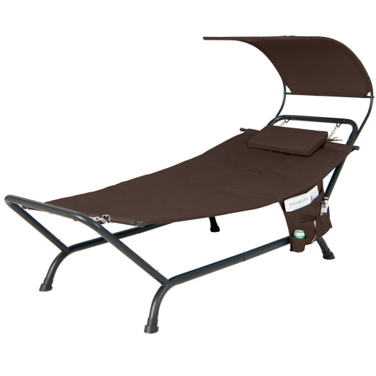 Patio Hanging Chaise Lounge Chair with Canopy Cushion Pillow and Storage Bag-Brown