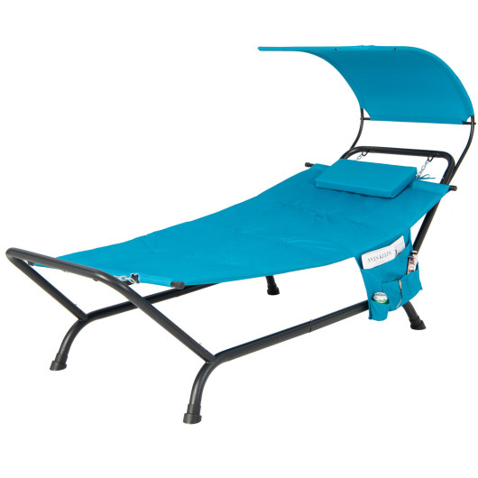 Patio Hanging Chaise Lounge Chair with Canopy Cushion Pillow and Storage Bag-Navy