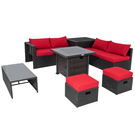 9 Pieces Patio Furniture Set with 32" Fire Pit Table and 50000 BTU Square Propane Fire Pit-Red