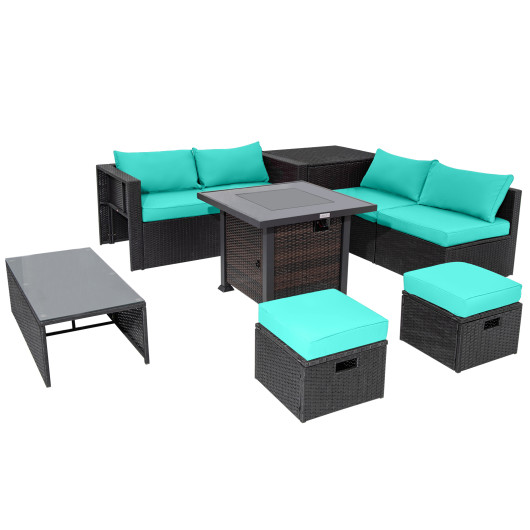 9 Pieces Patio Furniture Set with 32" Fire Pit Table and 50000 BTU Square Propane Fire Pit-Turquoise