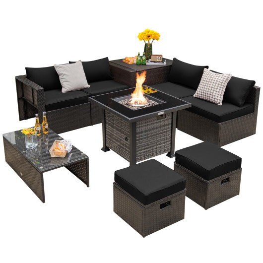 Outdoor 9 Pieces Patio Furniture Set with 50, 000 BTU Propane Fire Pit Table-Black