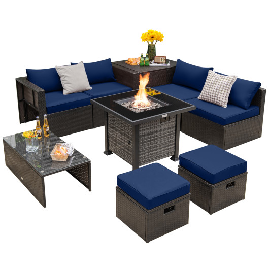 Outdoor 9 Pieces Patio Furniture Set with 50, 000 BTU Propane Fire Pit Table-Navy
