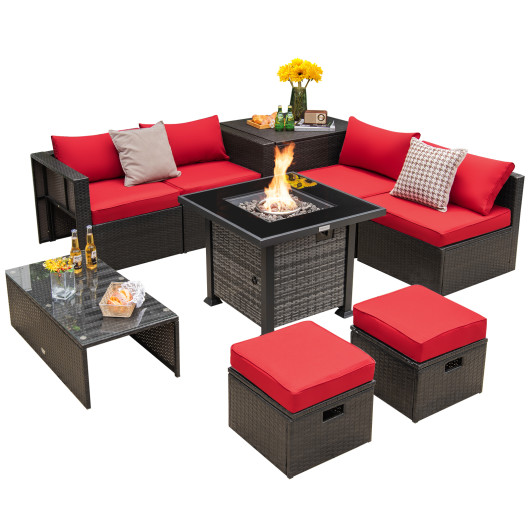 Outdoor 9 Pieces Patio Furniture Set with 50, 000 BTU Propane Fire Pit Table-Red