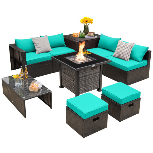 Outdoor 9 Pieces Patio Furniture Set with 50, 000 BTU Propane Fire Pit Table-Turquoise