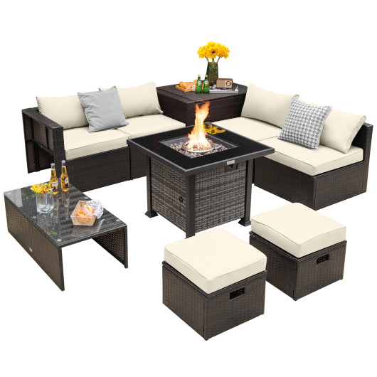 Outdoor 9 Pieces Patio Furniture Set with 50, 000 BTU Propane Fire Pit Table-Off White