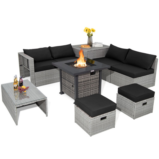 9 Pieces Outdoor Patio Furniture Set with 32-Inch Propane Fire Pit Table-Black