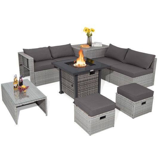 9 Pieces Outdoor Patio Furniture Set with 32-Inch Propane Fire Pit Table-Gray