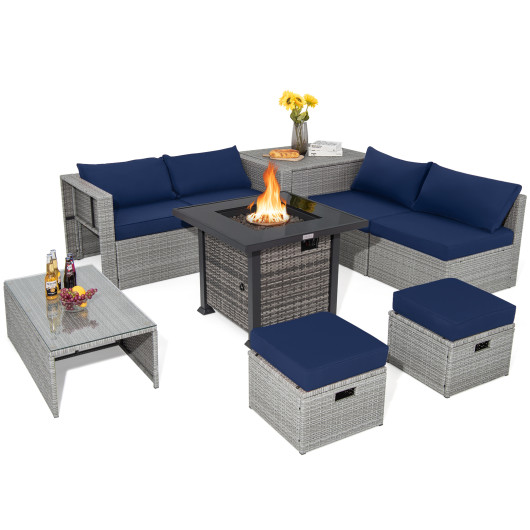 9 Pieces Outdoor Patio Furniture Set with 32-Inch Propane Fire Pit Table-Navy