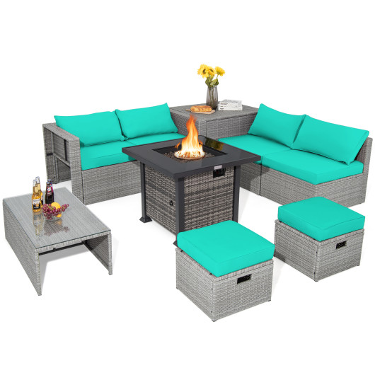 9 Pieces Outdoor Patio Furniture Set with 32-Inch Propane Fire Pit Table-Turquoise