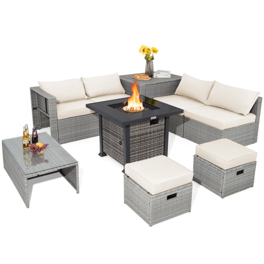 9 Pieces Outdoor Patio Furniture Set with 32-Inch Propane Fire Pit Table-Off White
