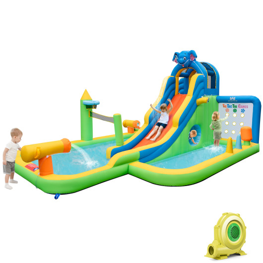 Inflatable Water Slide Giant Water Park 9-In-1 for Kids Backyard Fun with 735W Blower
