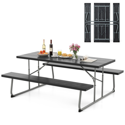 Folding Picnic Table Set with Metal Frame and All-Weather HDPE Tabletop, Umbrella Hole-Black