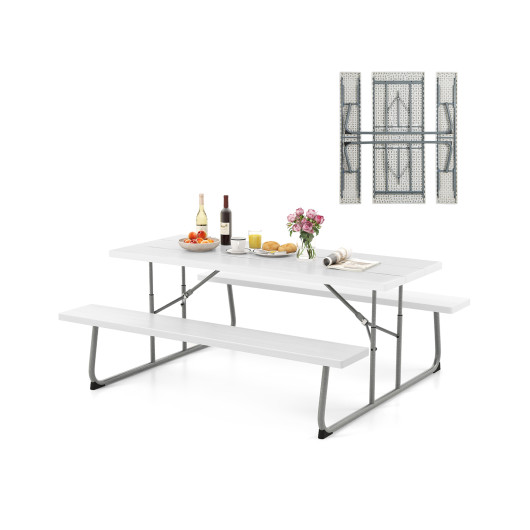 Folding Picnic Table Set with Metal Frame and All-Weather HDPE Tabletop, Umbrella Hole-White