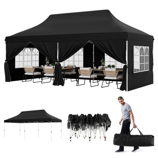 10 x 20 FT Pop up Canopy with 6 Sidewalls and Windows and Carrying Bag for Party Wedding Picnic-Black