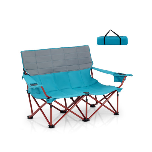 Oversized Camping Chair Folding Loveseat Camping Couch with Cup Holders & Thick Padding-Blue