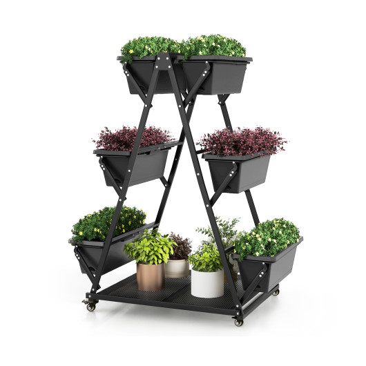 3-Tier Vertical Raised Garden Bed with 4 Wheels and 6 Container Boxes-Black