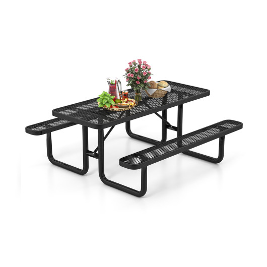 Outdoor Picnic Table and Bench Set for 8 Person with Seats and Mesh Grid-Black
