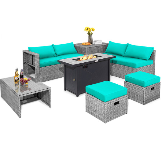 9 Pieces Patio Furniture Set with 42 Inches 60000 BTU Fire Pit-Turquoise